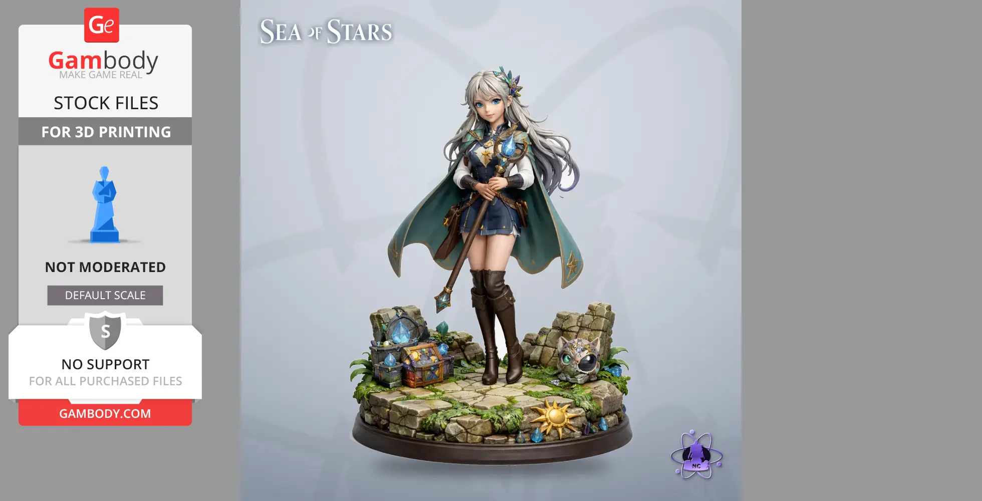 A fantasy figure with long hair holding a staff, standing on a detailed stone base with treasures and designs.