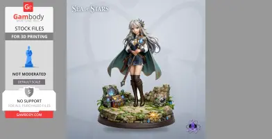 A fantasy figure with long hair holding a staff, standing on a detailed stone base with treasures and designs.