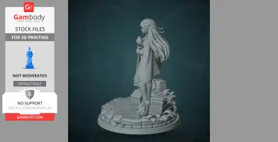 A detailed 3D model of a long-haired character in armor, standing on a stone base with ornate details.