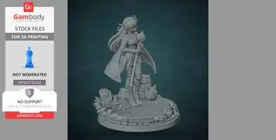 A detailed figurine of a character in a cape holding a staff, standing on a decorative base with ornate details.