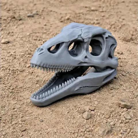3D printed Trinisaura dinosaur skull replica resting on a textured dirt surface.