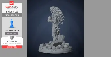 A detailed figure of a character with flowing hair holding an object, standing on a detailed base with stones.