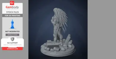 A detailed 3D model of a figure with flowing hair on a textured, rocky base.