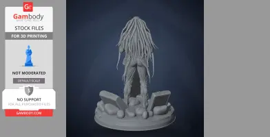 A 3D-printed character figure with tendril-like hair on a base with rocks and rectangular objects.