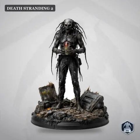 A detailed humanoid figure with flowing hair stands on rocky base, holding an object, from Death Stranding 2.