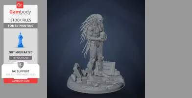 A detailed 3D model of a figure with long hair on a beach-themed base, surrounded by debris.