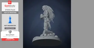 A detailed figure of a character with long hair holding an object, standing on a base.