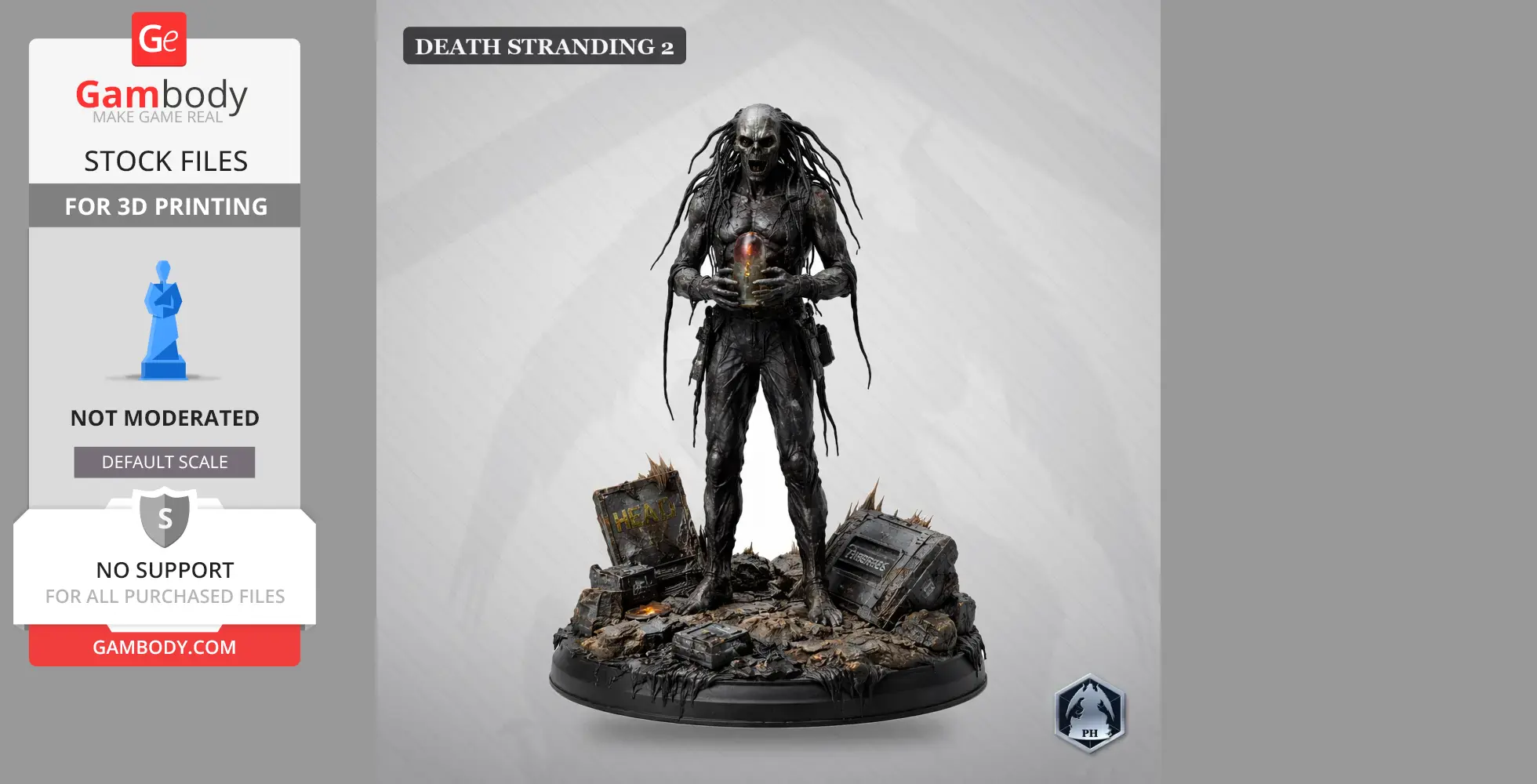 A creature with skeletal features holds a glowing object, surrounded by debris on a detailed base.