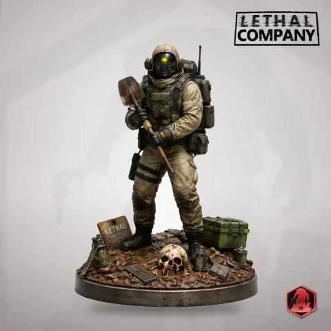 A detailed figurine of a futuristic soldier with a shovel, standing on a base with a skull and equipment.