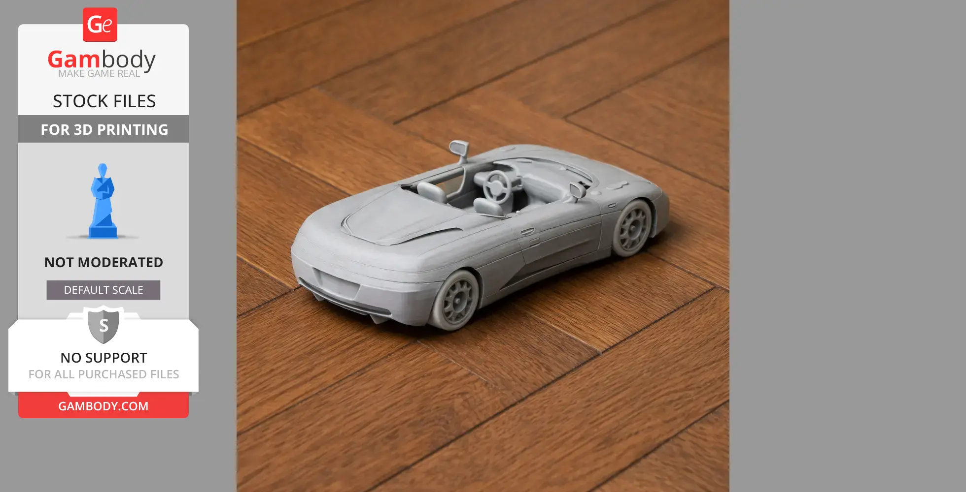 3D printed De Tomaso Guara model car on wooden surface, made by Gambody for 3D printing.