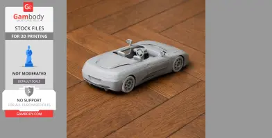 3D printed De Tomaso Guara model car on wooden surface, made by Gambody for 3D printing.