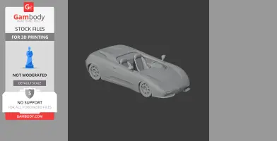 3D model of a De Tomaso Guara car, ready for 3D printing, displayed on a gray background.