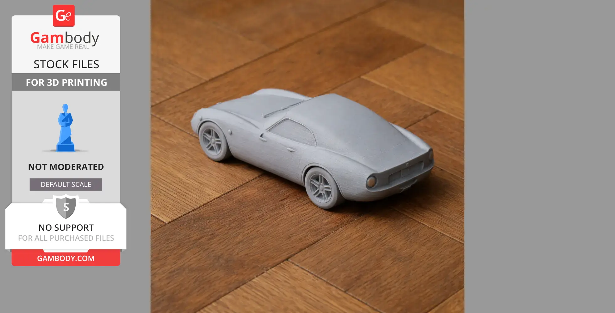 A 3D-printed model of a De Tomaso Vallelunga car on a wooden surface.