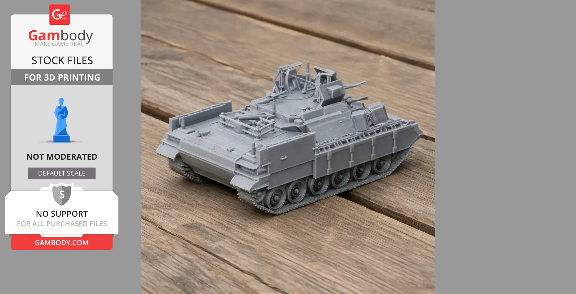 Gray 3D model of a Nagmachon tank on wooden surface, ready for 3D printing.
