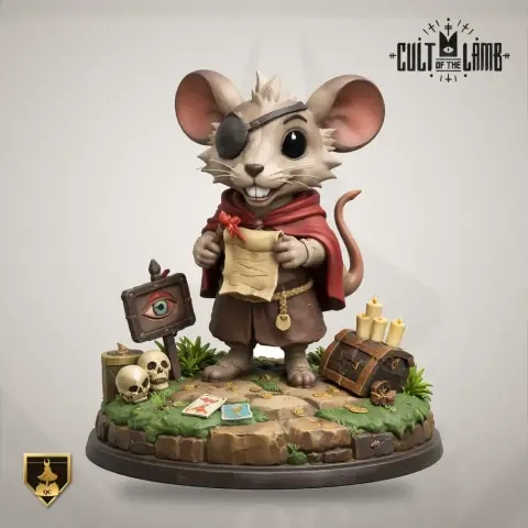 Mouse character with an eyepatch, holding a map, surrounded by objects on a decorated base.