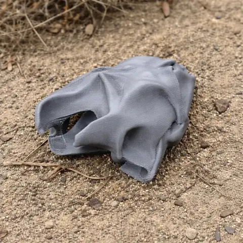 3D printed twist-necked turtle skull replica resting on sandy ground.