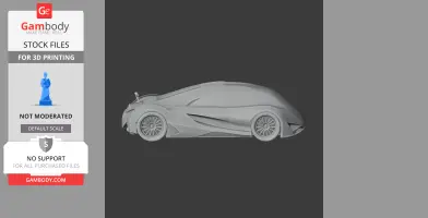 Gray 3D model of a sleek, aerodynamic car, viewed from the side, designed for 3D printing.