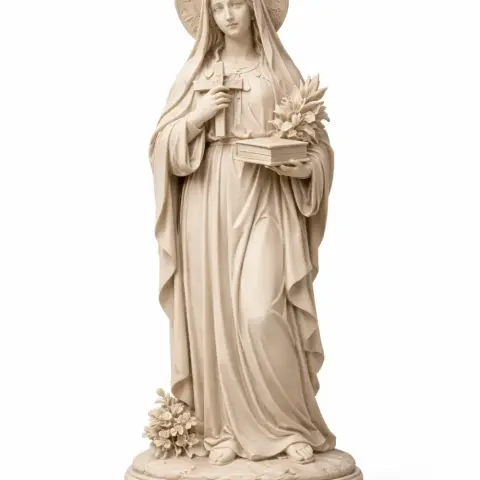 A statue of a saint holding a book and flowers, draped in robes with a halo behind her head.