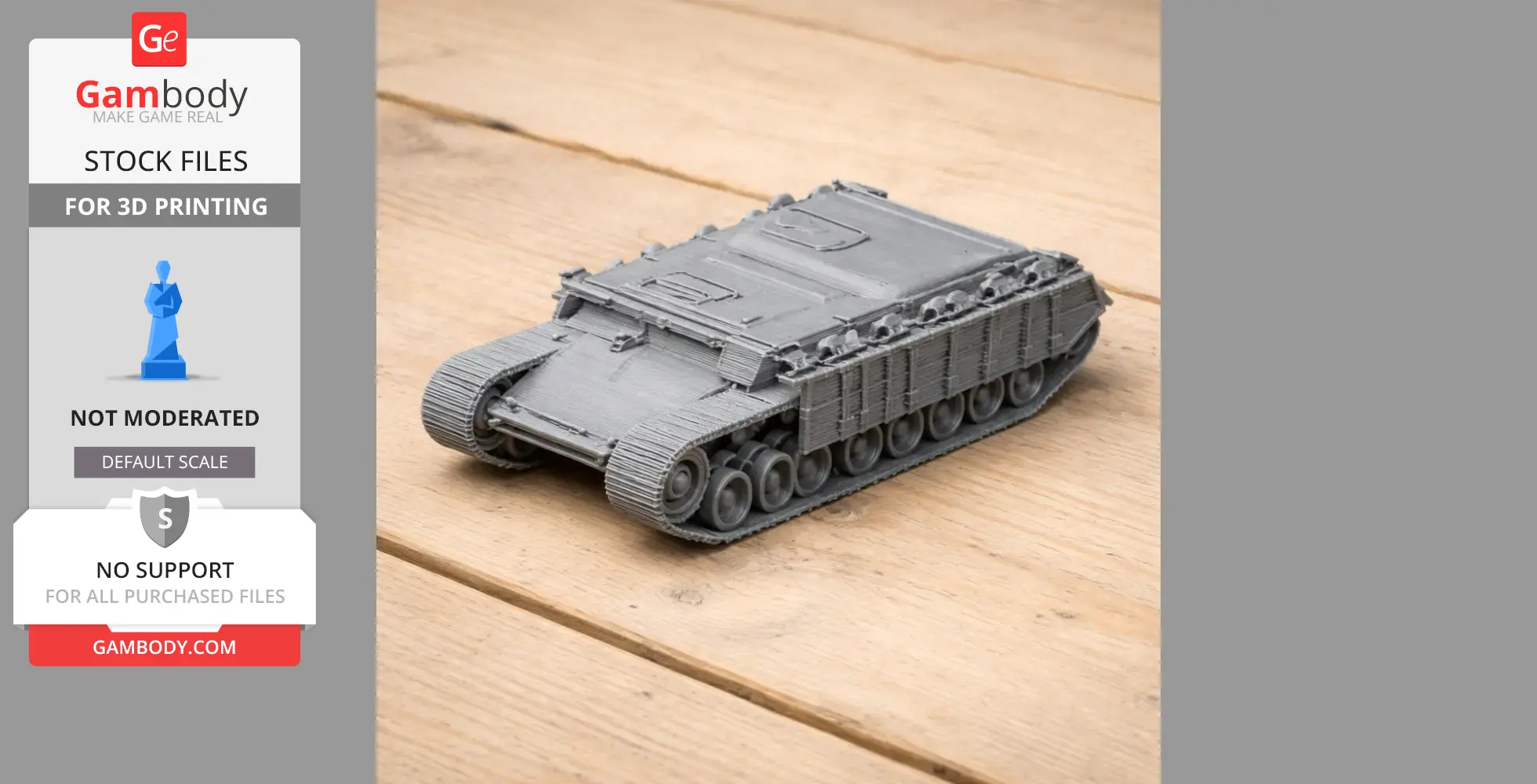 Gray 3D-printed model of a Nakpadon tank on a wooden surface, showing detailed tracks and body design.