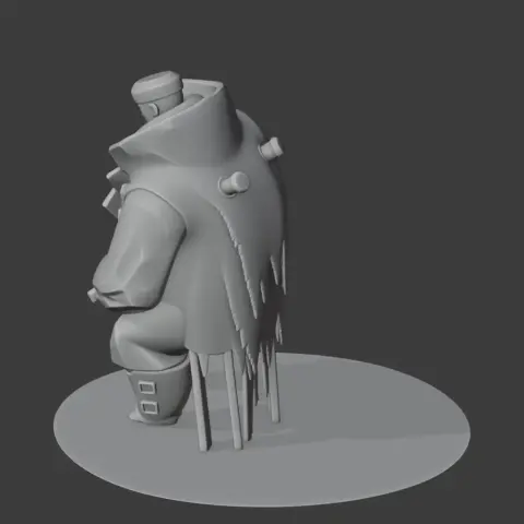 A detailed 3D figurine of a bulky character with a high collar and arm implants, posed on a circular base.