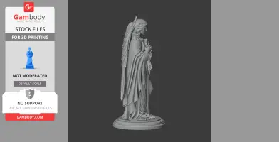 A detailed 3D model of a robed figure holding a staff, with feathered wings and intricate drapery.