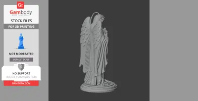 3D model of a robed, winged statue on a decorative base, holding an object in its arms.