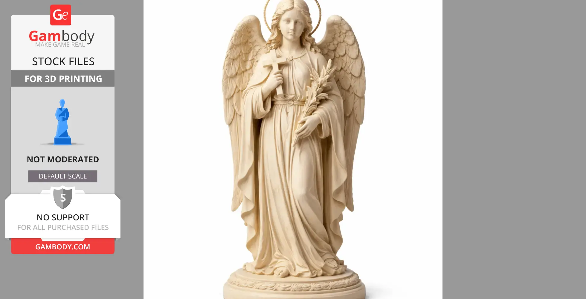 A detailed 3D statue of an angelic figure holding a cross and palm, with large wings and a halo.