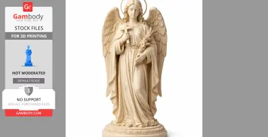 A detailed 3D statue of an angelic figure holding a cross and palm, with large wings and a halo.