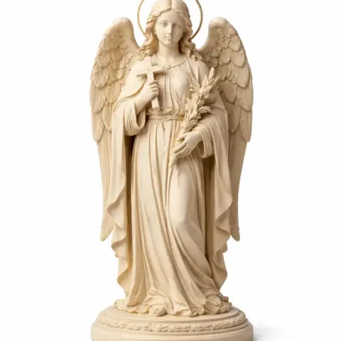 A detailed statue of a winged saint holding a cross and palm branch, wearing flowing robes.