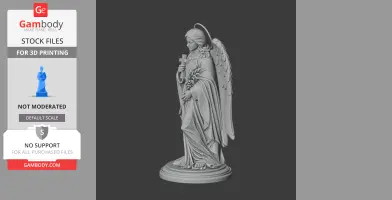 Angelic figure with wings holding a cross and lilies, standing on a decorative base.