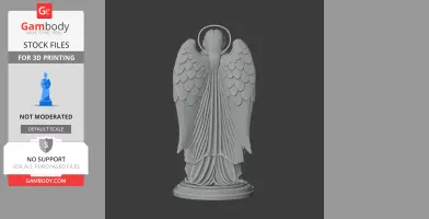 A detailed statue of a robed angel with wings and a halo, standing on a decorative base.