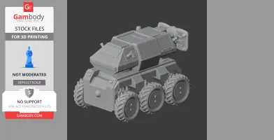 A 3D model of a six-wheeled, armored tank with a turret cannon for 3D printing.