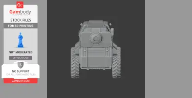 Front view of a 3D modeled robot tank with large tires and a circular gun barrel.