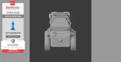 3D model of a tank-like robot with large wheels and angular front design, viewed from the front.