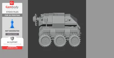 A 3D model of a futuristic six-wheeled tank with angular armor and a mounted rocket launcher.
