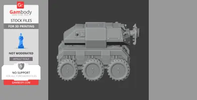 Futuristic armored vehicle with six wheels, designed for 3D printing.