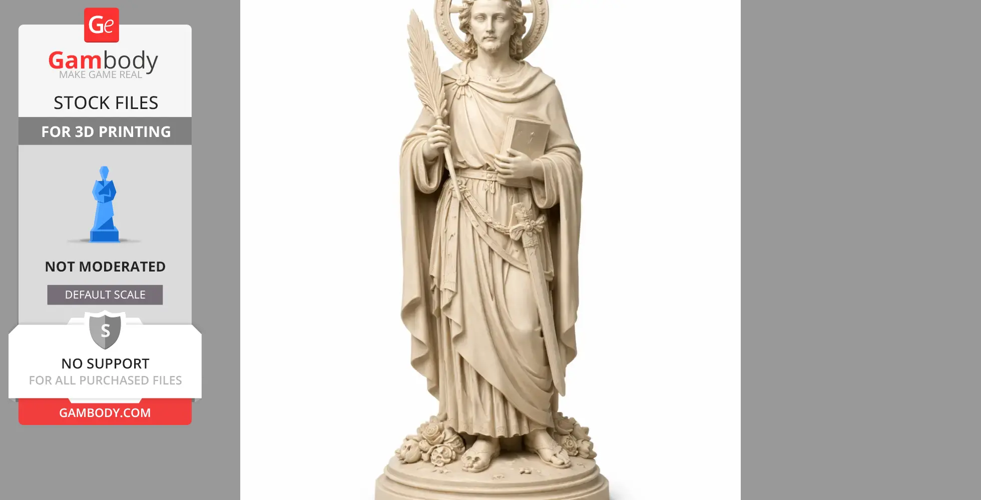 A detailed 3D statue of a saint holding a palm branch and book, with a halo, standing on a decorative base.