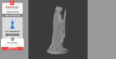 A 3D statue of a cloaked figure holding a feather, standing on a base with decorative elements.