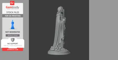 A detailed 3D statue of a robed figure holding a staff, standing on a base with ornate designs.