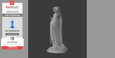 A cloaked statue of Saint Arcadius holding a book, standing on a base adorned with roses.