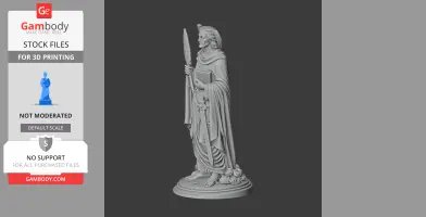 A detailed statue of a robed figure holding a feather and book, standing on a decorative base with roses.