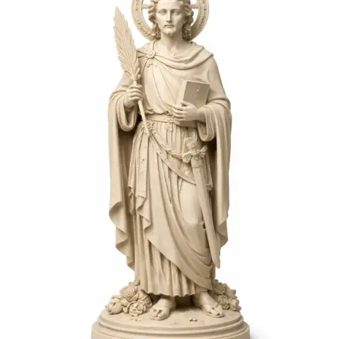 A detailed statue of Saint Arcadius holding a palm and a book, with a halo, draped in robes.