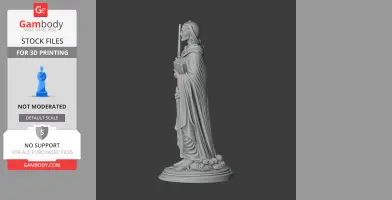 A 3D model of a robed saint holding a book and staff, standing on a base adorned with roses.
