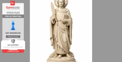 A detailed 3D statue of a saint holding a palm branch and book, with a halo, standing on a decorative base.