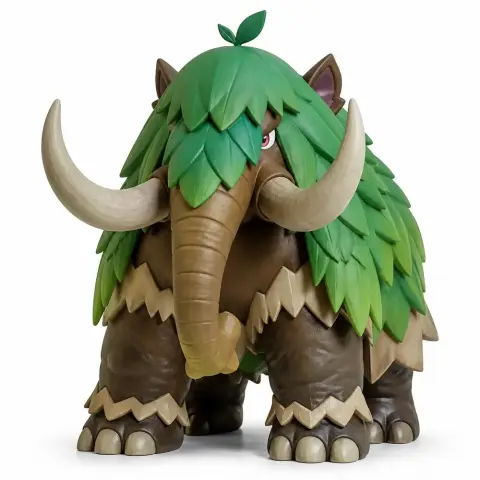 A 3D model of a woolly mammoth-like creature with green leafy fur and large tusks.