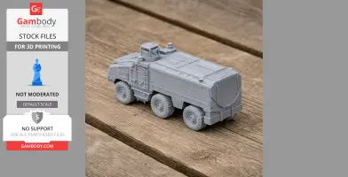 Gray 3D-printed model of a six-wheeled Nexter Titus tank on wooden surface.