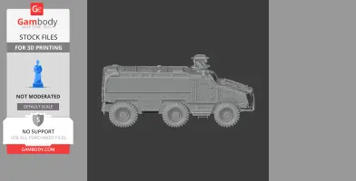 A six-wheeled armored vehicle with a turret, designed for 3D printing.