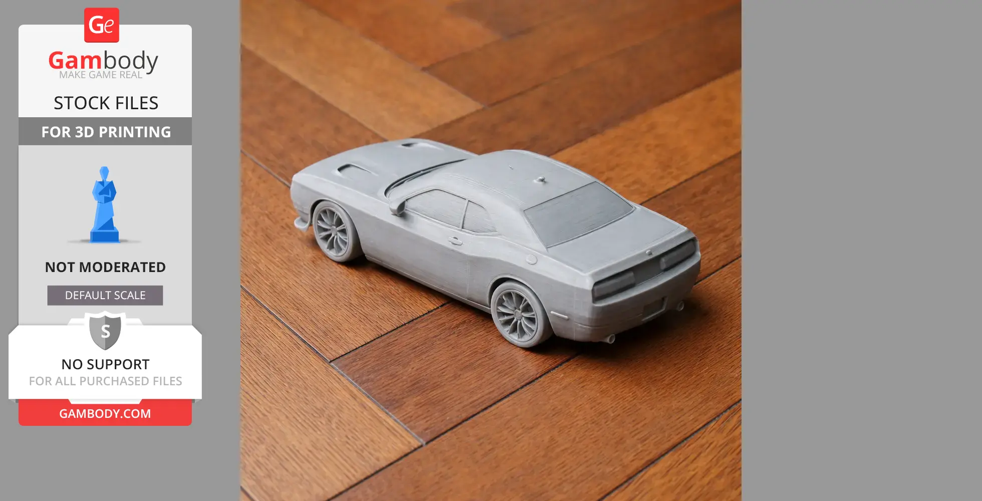 3D printed gray Dodge Challenger model on a wooden surface.
