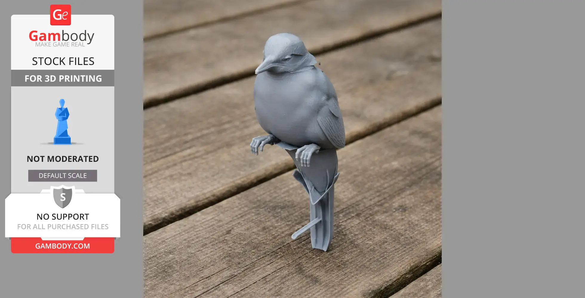 A detailed gray 3D-printed model of a bird perched on a branch, on a wooden surface.