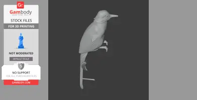 A 3D model of a bird perched on a branch, with detailed feathers and a long tail.